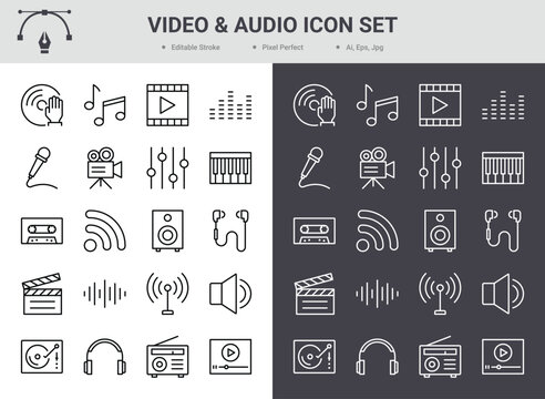 Video and audio icon set. Editable stroke