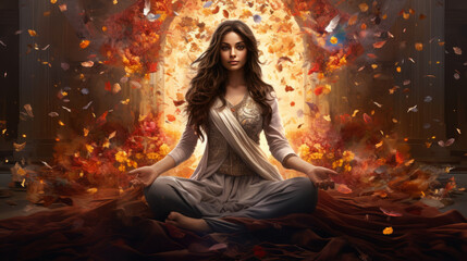 goddess woman meditating in a lotus pose surrounded light and butterflies, on abstract background - obrazy, fototapety, plakaty