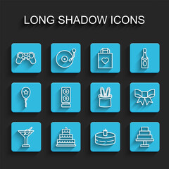 Set line Martini glass, Cake with burning candles, Gamepad, Stereo speaker, Gift bow and Magician hat rabbit ears icon. Vector