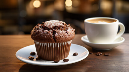 A cup of coffee with a chocolate muffin in it.