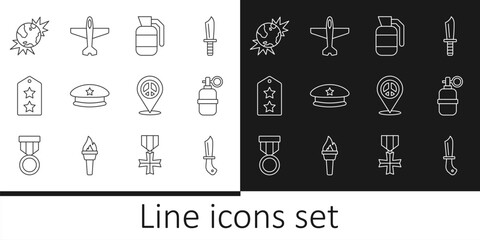 Set line Military knife, Hand grenade, beret, rank, Bomb explosive planet earth, Location peace and Plane icon. Vector