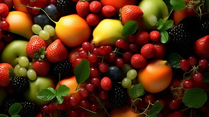Mix of fresh fruits and berries as background, top view, closeup
