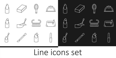 Set line Nail file, Cosmetic bag, Manicure, Broken nail, Pedicure brush or grater and icon. Vector