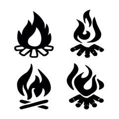 Campfire and Bonfire burning on firewood sign vector icon set