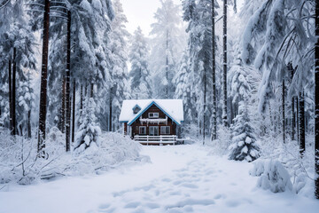 Cabin in the Woods Covered in Snow. Generative Ai