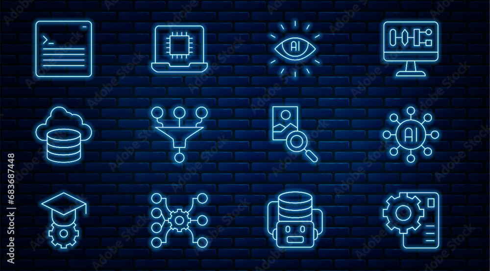 Poster set line neural network, artificial intelligence ai, funnel filter, cloud database, web developer pr