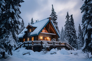 Naklejka premium Cabin in the Woods Covered in Snow. Generative Ai