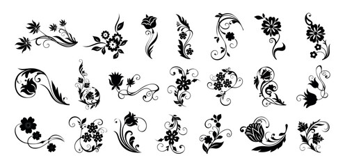 Styling daisy floral and flower silhouettes ornamental of vector icon set collection - obrazy, fototapety, plakaty