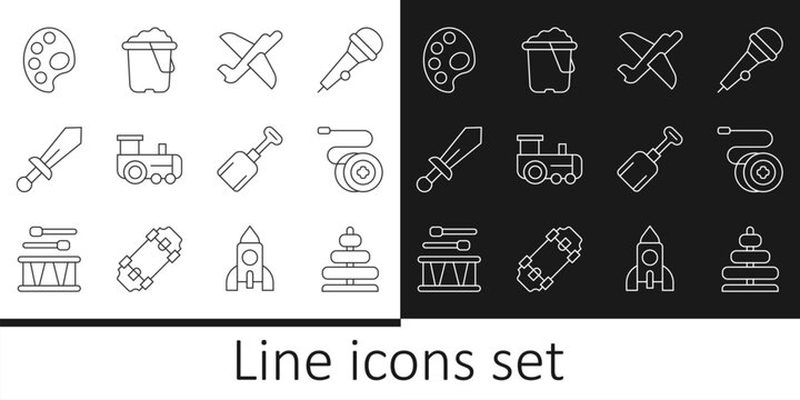 Set line Pyramid toy, Yoyo, Toy plane, train, Sword, Palette, Shovel and Sand bucket icon. Vector