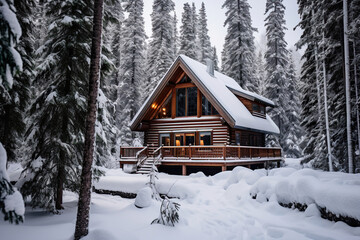 Cabin in the Woods Covered in Snow. Generative Ai