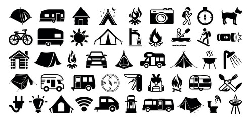 Travel and tourism icon set collection with camping design elements.