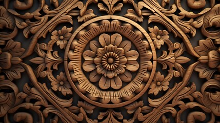 3D render of wood carving ornament on wall. Computer generated graphics.
