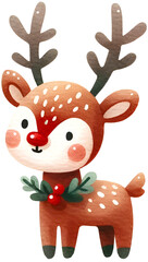 Fototapeta premium Charming watercolor clipart of a Christmas reindeer, perfect for seasonal designs, holiday cards, and festive decorations. Adds a magical, joyful touch.