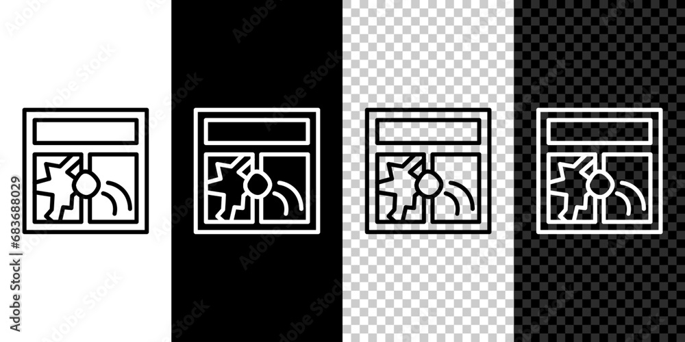 Poster set line broken window icon isolated on black and white background. damaged window. beaten windowpan