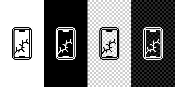 Set line Smartphone with broken screen icon isolated on black and white, transparent background. Shattered phone screen icon. Vector