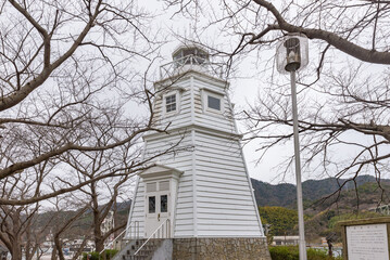 White wooden lighthouse at the Sakai Daiba Park in Sakaiminato City, Tottori Prefecture, Japan