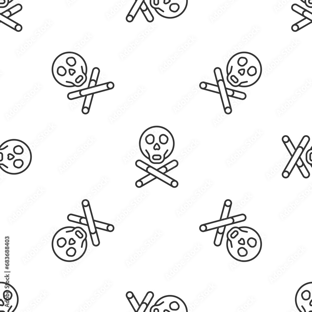 Poster grey line bones and skull as a sign of toxicity warning icon isolated seamless pattern on white back