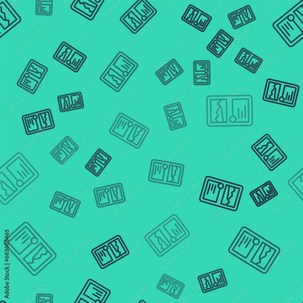 Poster black line card game collection icon isolated seamless pattern on green background. fantasy ui kit w