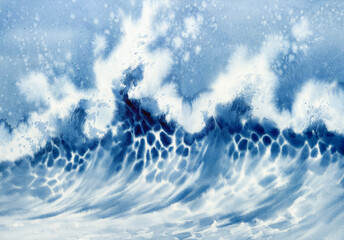 Big sea wave in the storm watercolor background - 683688415