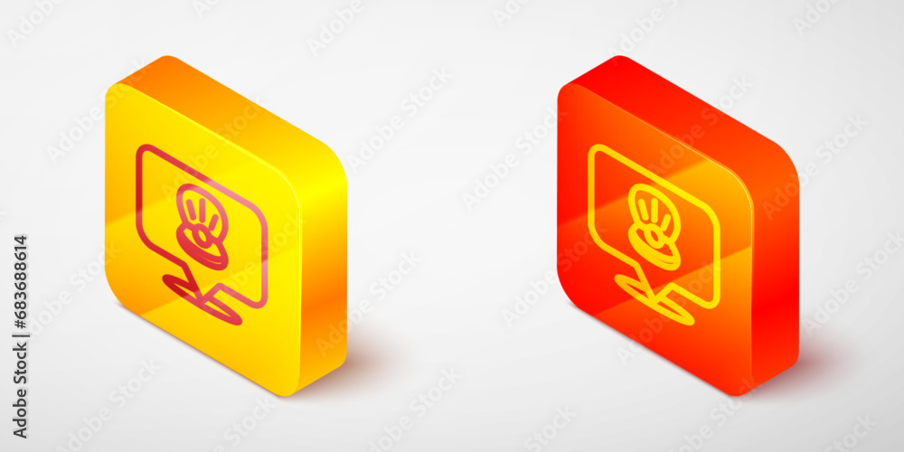 Sticker Isometric line Scallop sea shell icon isolated on grey background. Seashell sign. Yellow and orange square button. Vector