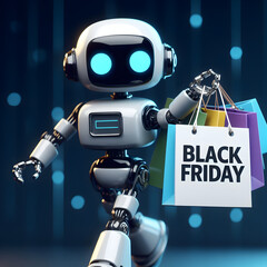 Robot holding shopping bags with Black Friday text, discount on electronics, tech concept, generative ai