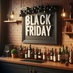Black Friday poster on a brick wall with bottles of wine, Black Friday sale discount poster, 3d render, generative ai