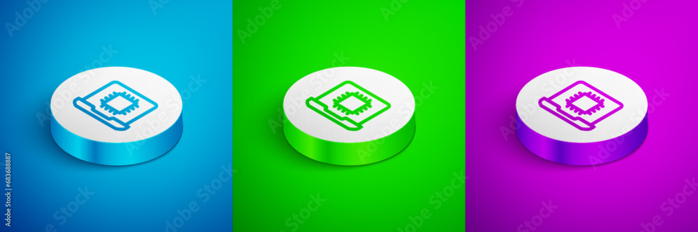 Poster isometric line computer processor with microcircuits cpu icon isolated on blue, green and purple bac