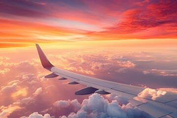 Obraz premium view from the plane window airplane wings visible looking outside to the sky and big cloud in golden sunlight
