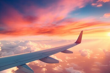 view from the plane window airplane wings visible looking outside to the sky and big cloud in golden sunlight