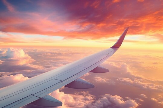 View From The Plane Window Airplane Wings Visible Looking Outside To The Sky And Big Cloud In Golden Sunlight