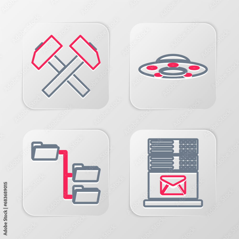 Poster set line mail server, folder tree, ufo flying spaceship and two crossed hammers icon. vector