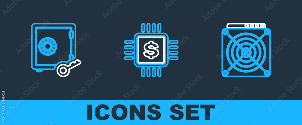Poster set line asic miner, proof of stake and processor chip with dollar icon. vector