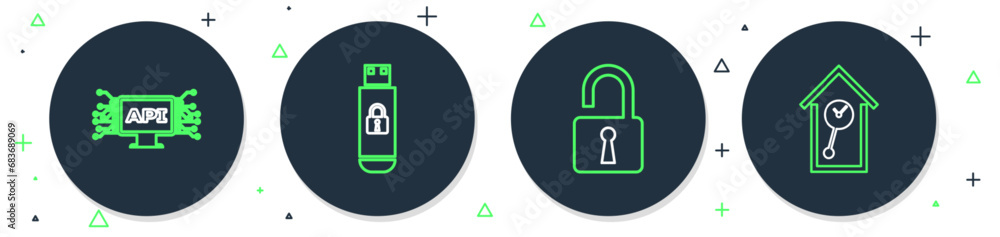 Aufkleber set line usb flash drive with lock, open padlock, computer api interface and retro wall watch icon. 