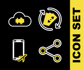 Set line Refund money, Share, Flight mode in the mobile and Music streaming service icon. Vector