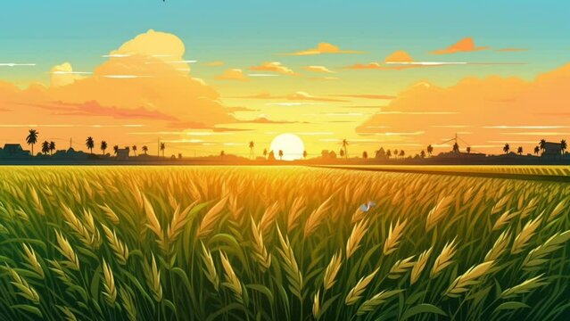 Natural scenery by the rice field at sunset. seamless looping virtual video animation background, cartoon ilustration style. Generated with AI