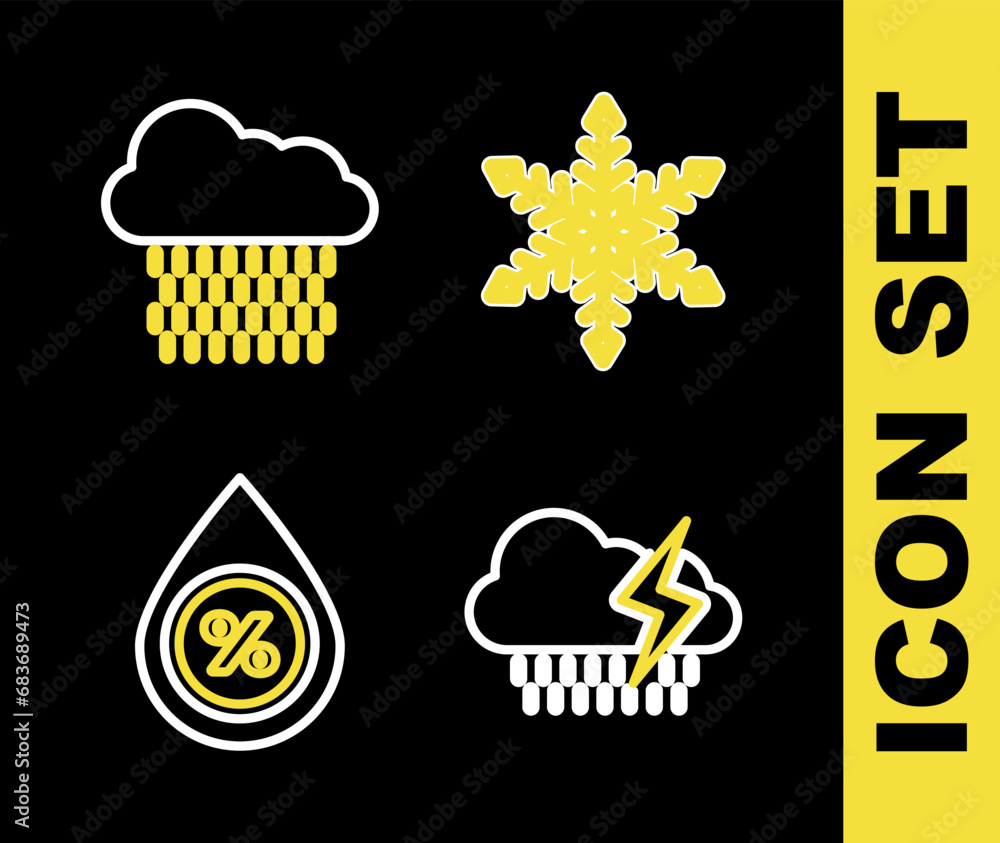 Poster set line snowflake, cloud with rain and lightning, water drop percentage and icon. vector