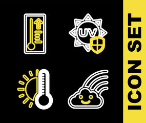 Set line UV protection, Rainbow with cloud, Thermometer sun and Meteorology thermometer icon. Vector