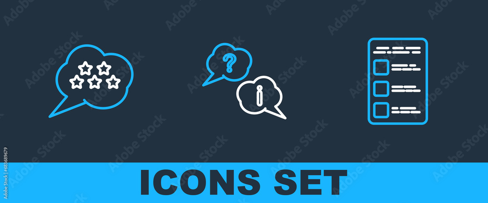 Poster set line create account screen on mobile, five stars rating review and question and exclamation icon