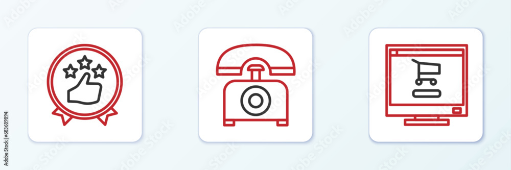 Poster set line shopping cart on computer, consumer or customer product rating and telephone icon. vector