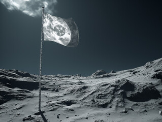 A pirate flag flutters on the desolate lunar terrain.