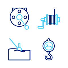 Set line Spring scale, Fishing float water, Spinning reel for fishing and icon. Vector