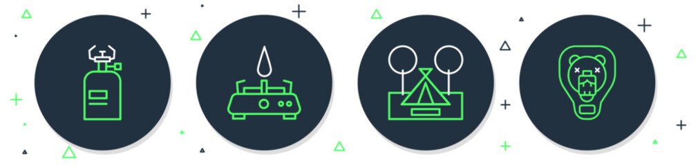 Fototapeta premium Set line Camping gas stove, Tourist tent, and Bear head on shield icon. Vector