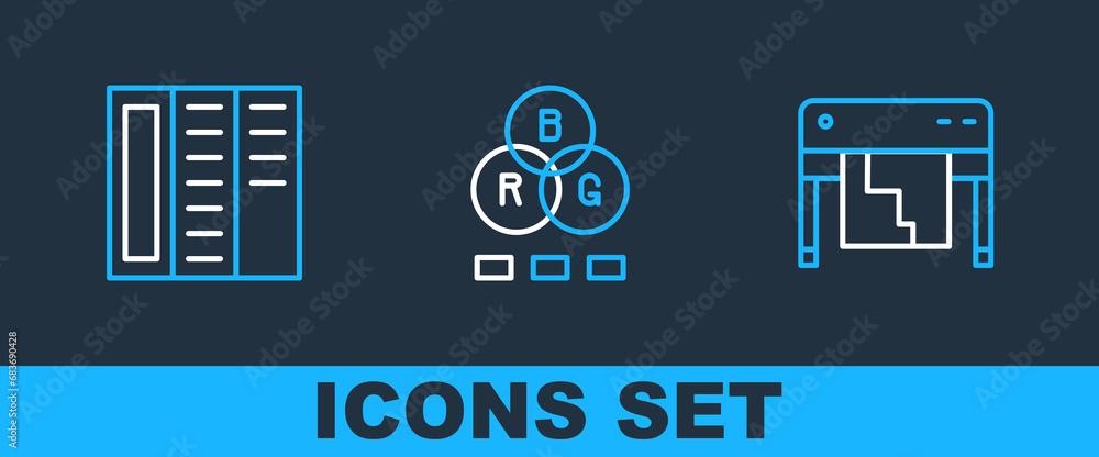 Poster set line plotter, brochure and rgb color mixing icon. vector