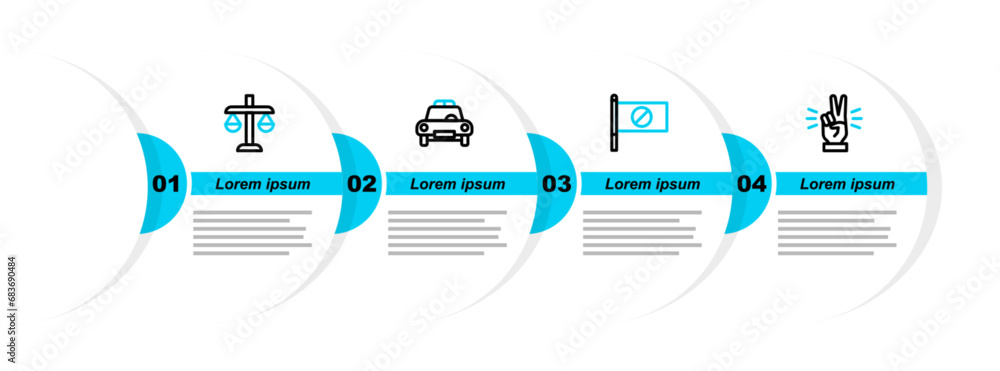 Sticker set line hand showing two finger, protest, police car flasher and scales of justice icon. vector
