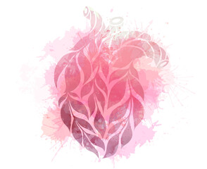 Vector watercolor clipart of pink human heart made of leaves with dye splashes isolated from background. Organ Transplant