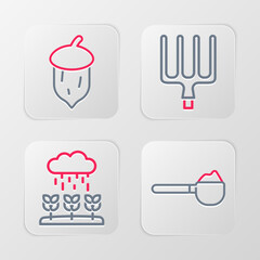Set line Measuring cup with flour, Plant sprouts grow the rain, Garden pitchfork and Acorn, oak nut, seed icon. Vector