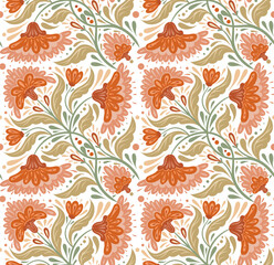 Vector folk art pattern with tracery floral ornaments in tile on white background. Decorative seamless texture with flowers and foliage