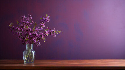 Fototapeta na wymiar A glass vase filled with purple flowers on a wooden wall