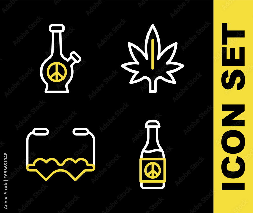 Sticker Set line Marijuana, Beer bottle, Heart shaped love glasses and Bong icon. Vector