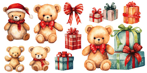 Teddy Bears gift box presents watercolor vectors